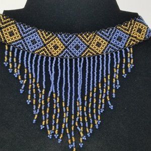 Seed Beaded Choker Bib Necklace Blue and Gold Artisan made
